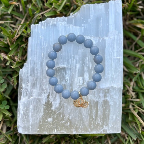 Angelite Gemstone Bracelet with Gold-Plated Lotus Charm - Picture 2 of 2